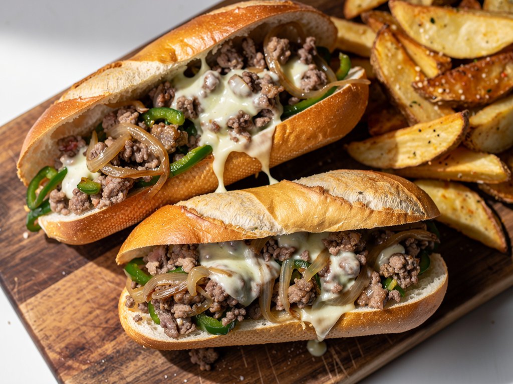 Loaded Pork Sausage and Pepper Heroes with Garlic Potato Wedges