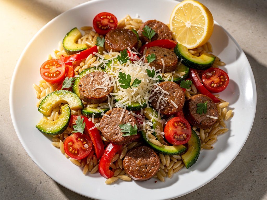 Loaded Sausage and Orzo with Zucchini, Bell Pepper, and Tomatoes