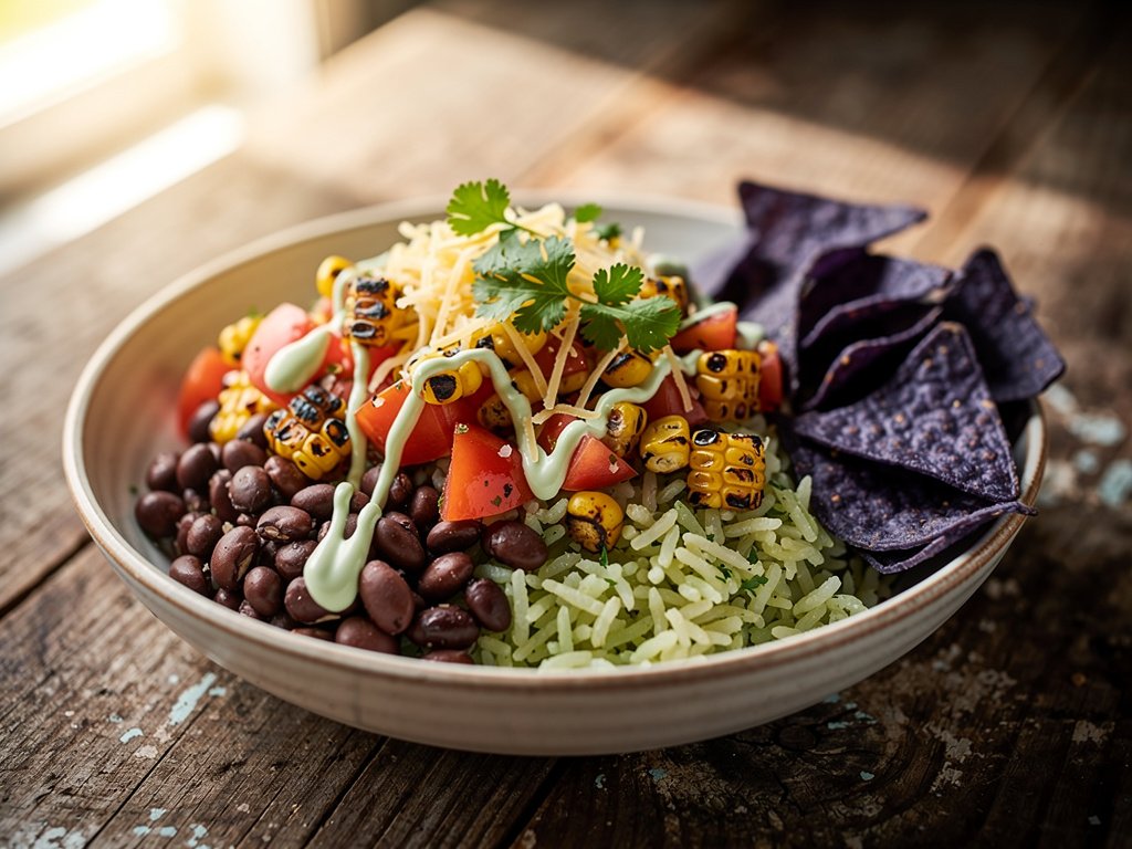 Loaded Veggie Burrito Bowls with Charred Corn Salsa and Lime Crema