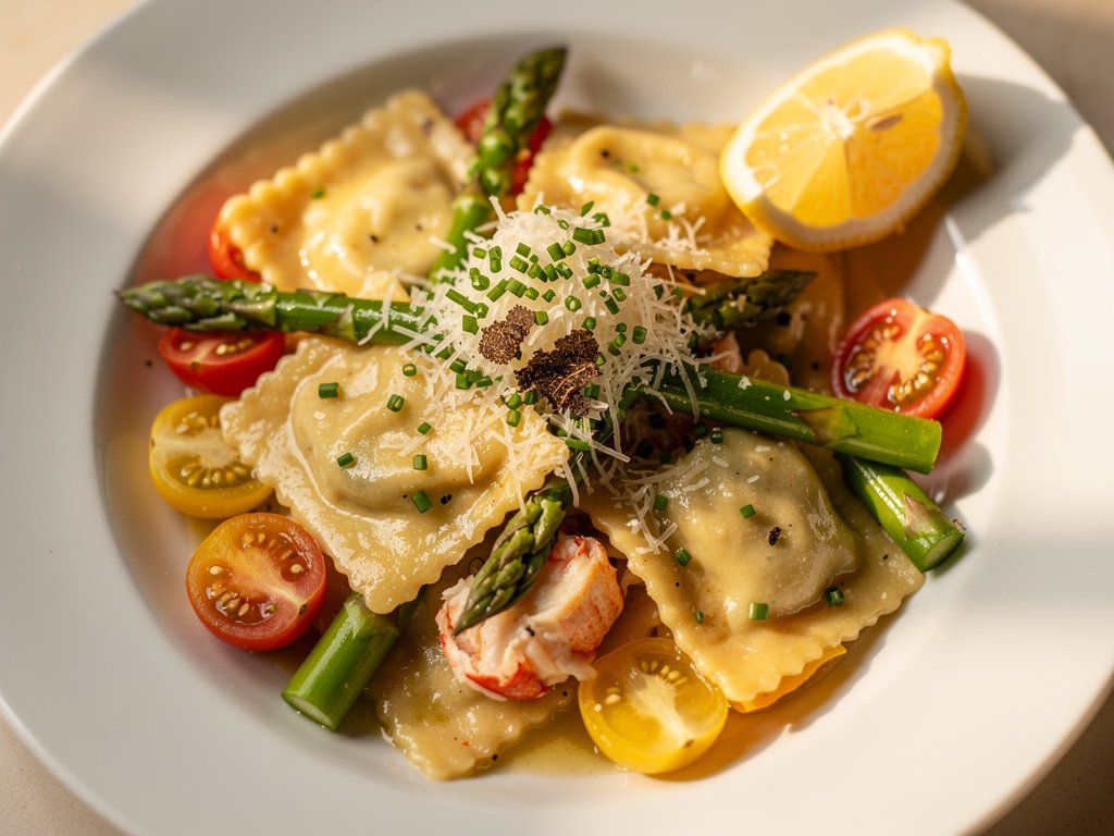 Lobster Ravioli with Asparagus, Tomatoes, and Truffle Zest