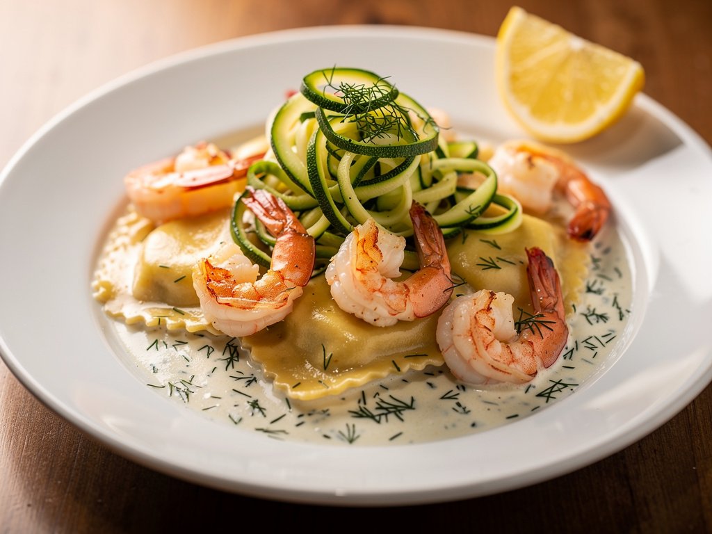 Lobster Ravioli with Lemon Dill Cream Sauce and Shrimp