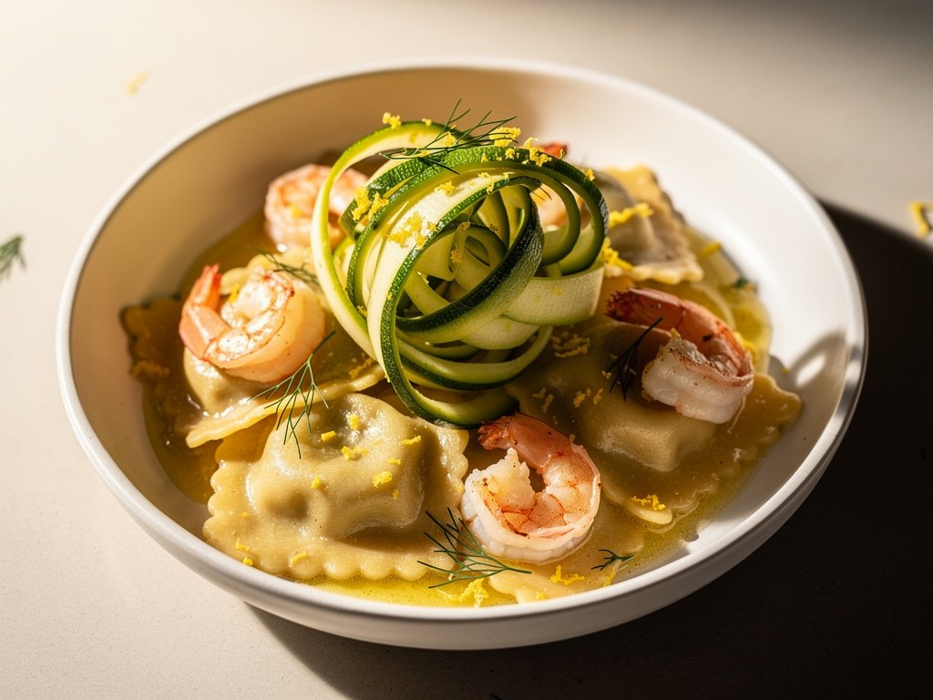 Lobster Ravioli with Lemon Dill Cream Sauce and Shrimp