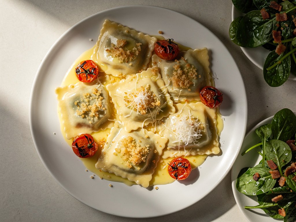 Lobster Ravioli with Lemon Garlic Cream Sauce and Blistered Tomatoes