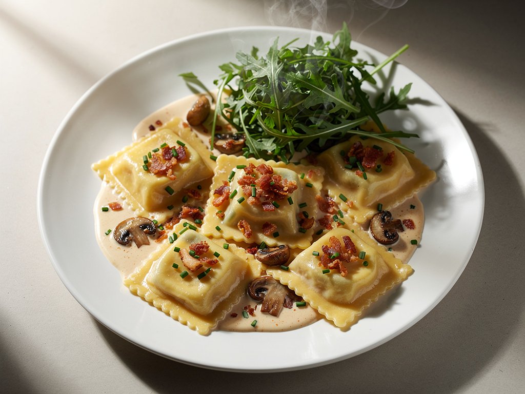 Lobster Ravioli with Maitake Mushrooms in Bacon Crumble Cream Sauce