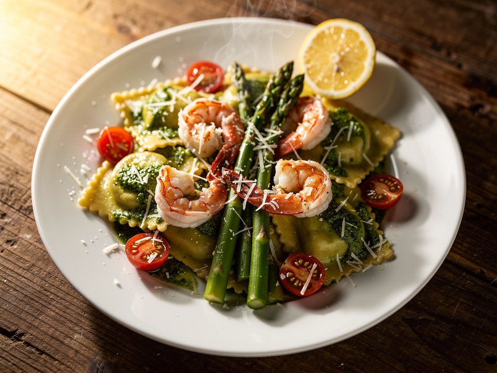 Lobster Ravioli with Pesto Shrimp and Lemony Asparagus