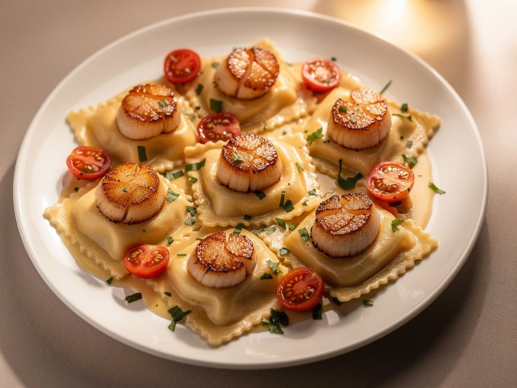 Lobster Ravioli with Seared Scallops in Sherry Shallot Cream Sauce