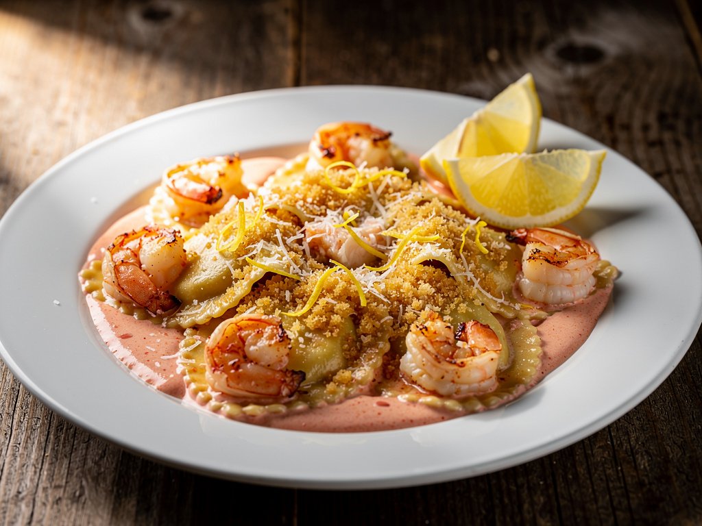 Lobster Ravioli with Shrimp in Creamy Tomato Sauce