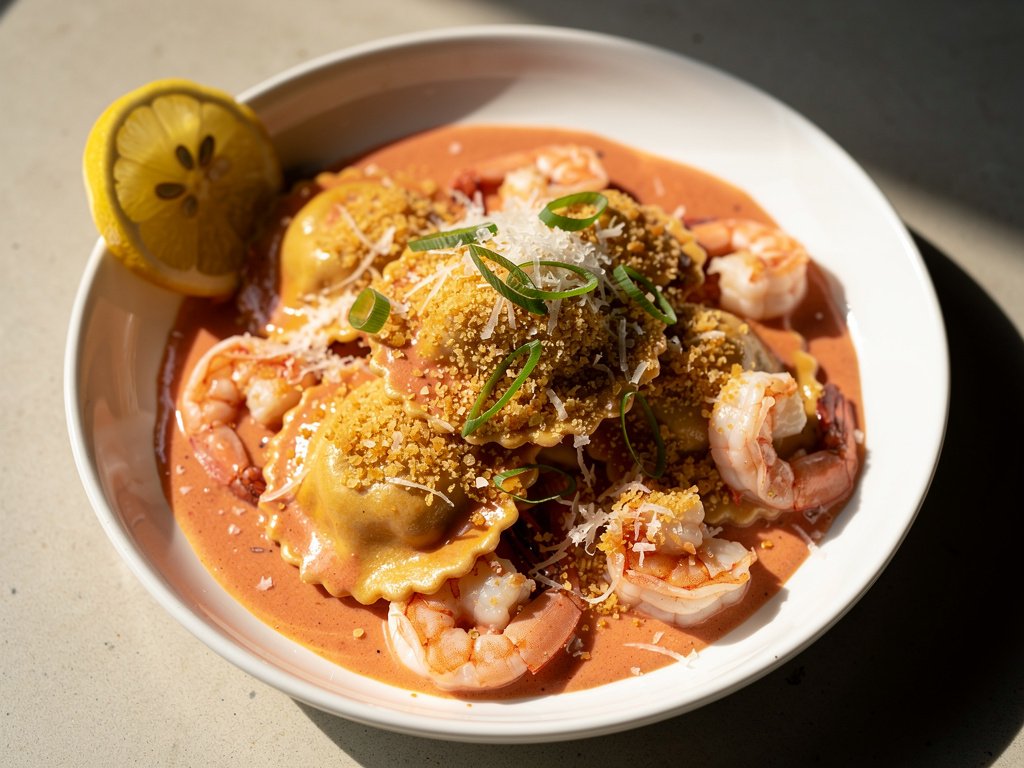 Lobster Ravioli with Shrimp in Creamy Tomato Sauce