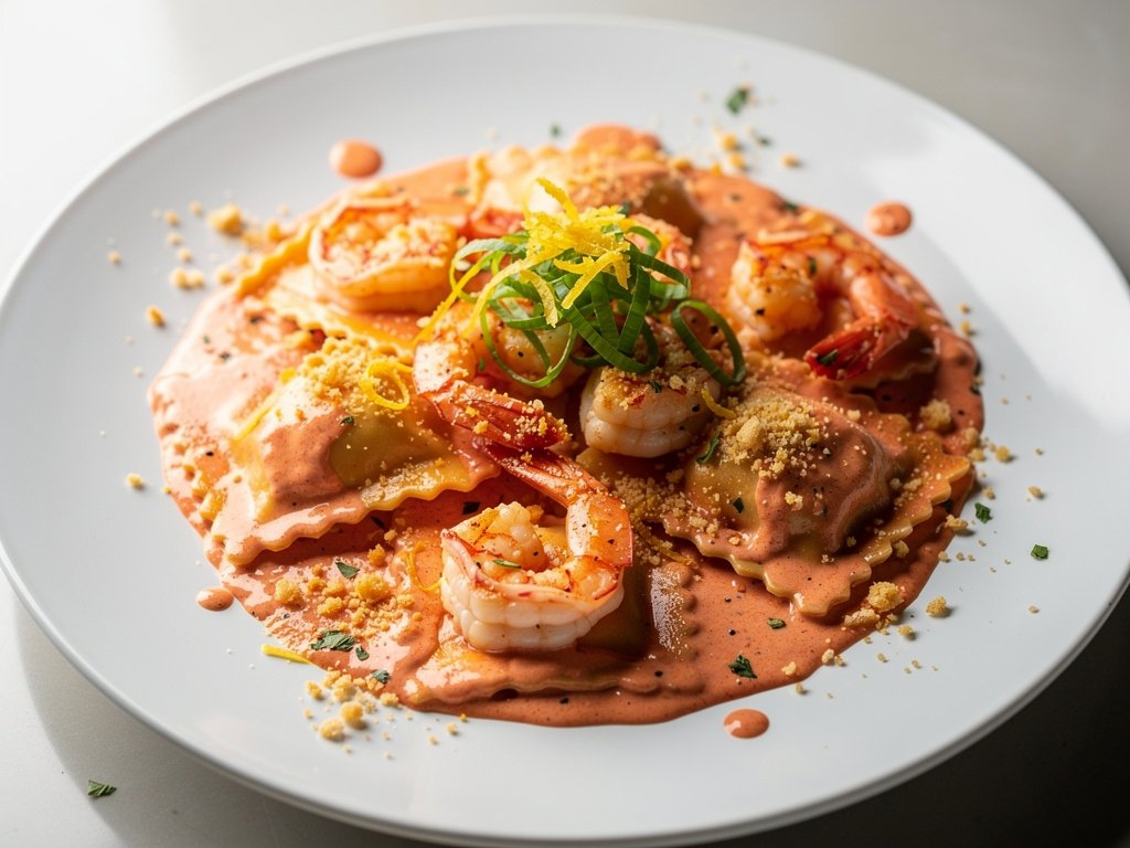 Lobster Ravioli with Shrimp in Creamy Tomato Sauce