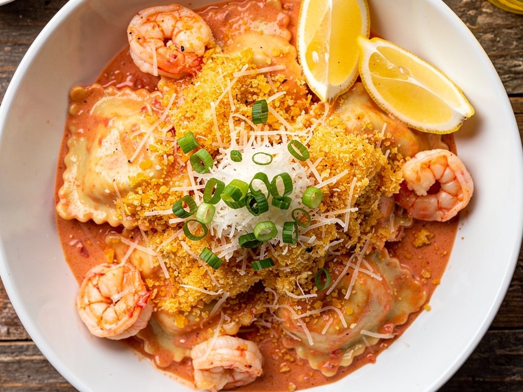 Lobster Ravioli with Shrimp in Creamy Tomato Sauce