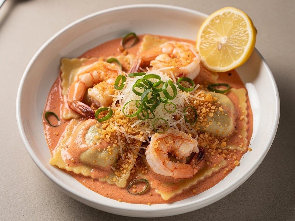 Lobster Ravioli with Shrimp in Creamy Tomato Sauce