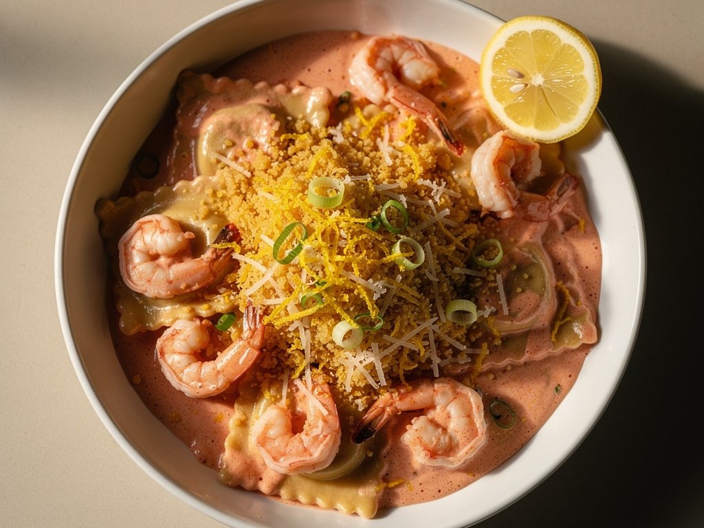 Lobster Ravioli with Shrimp in Creamy Tomato Sauce