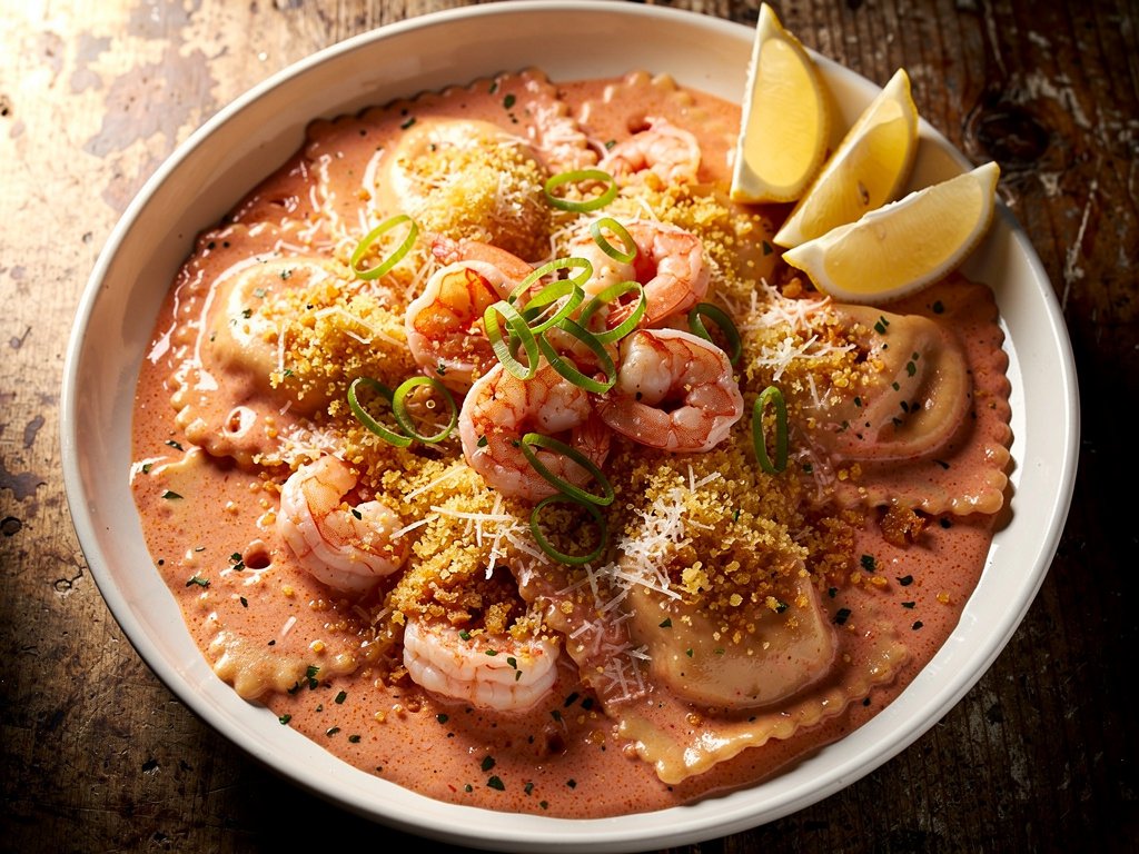 Lobster Ravioli with Shrimp in Creamy Tomato Sauce