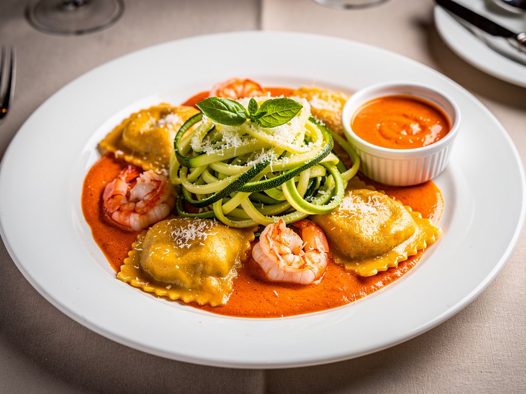 Lobster Ravioli with Shrimp in Creamy Tomato Sauce and Zucchini Ribbons
