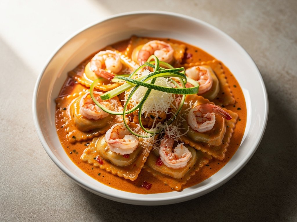 Lobster Ravioli with Shrimp in Creamy Tomato Sauce and Zucchini Ribbons