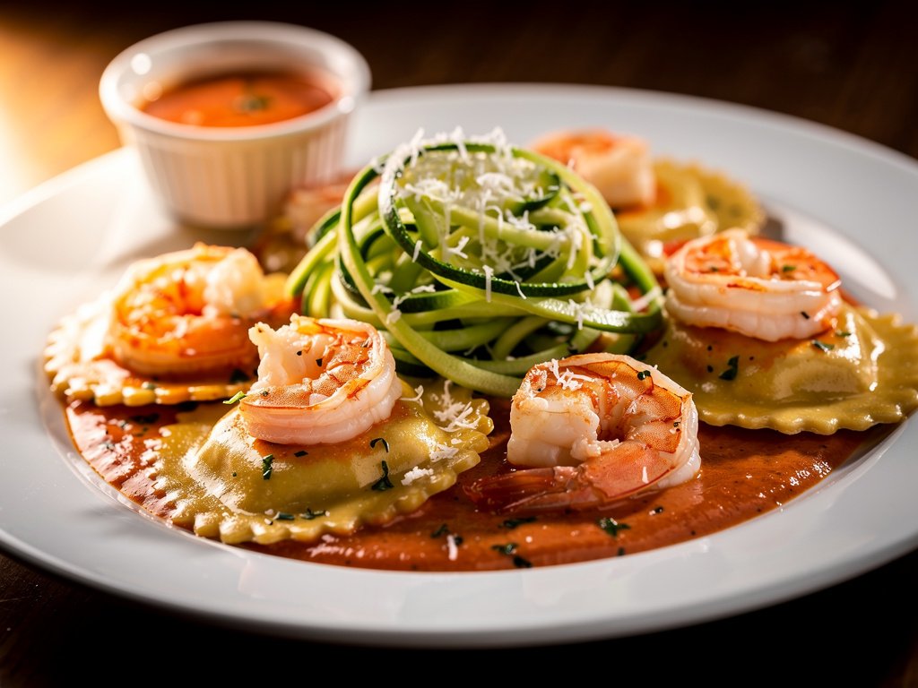 Lobster Ravioli with Shrimp in Creamy Tomato Sauce and Zucchini Ribbons