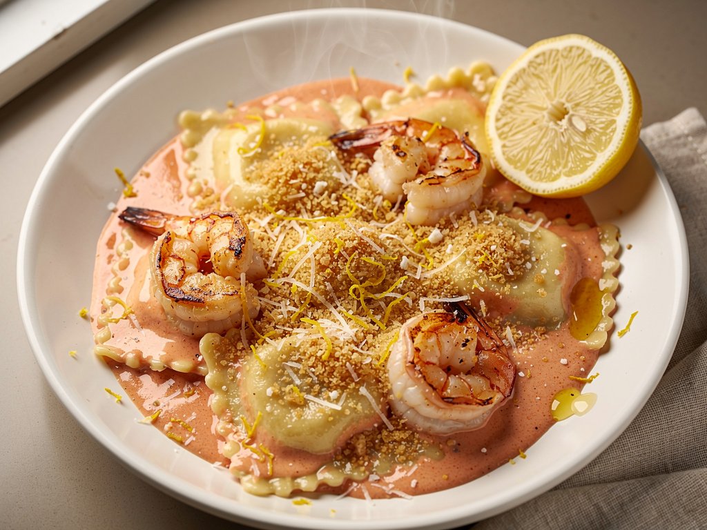 Lobster Ravioli with Shrimp in a Creamy Tomato Sauce
