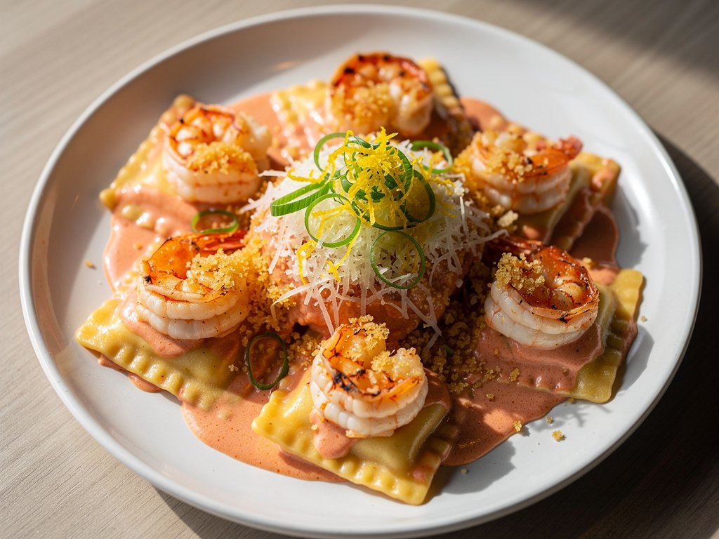 Lobster Ravioli with Shrimp in Tomato Cream Sauce