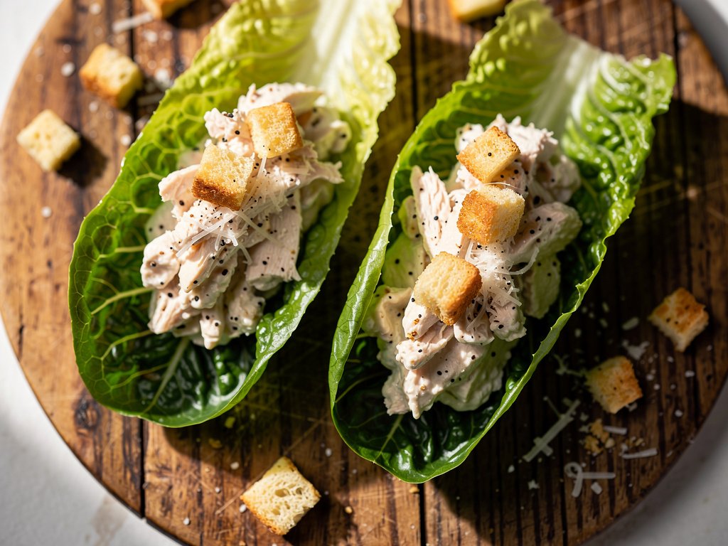 Low Carb Chicken Caesar Lettuce Wraps with Crunchy Croutons