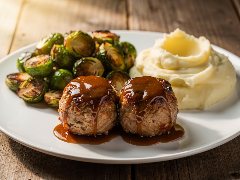 Maple Dijon Glazed Pork Meatloaves with Roasted Brussels Sprouts and Mashed Potatoes