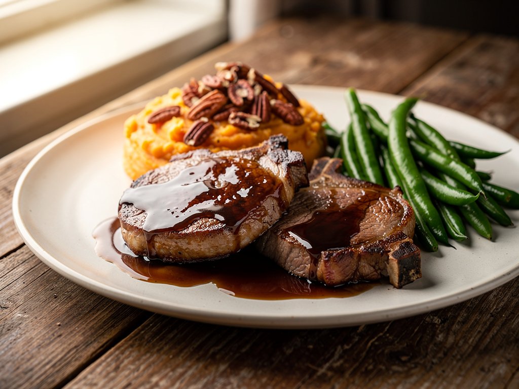 Maple Glazed Pork Chops with Sweet Potato Mash and Garlic Green Beans