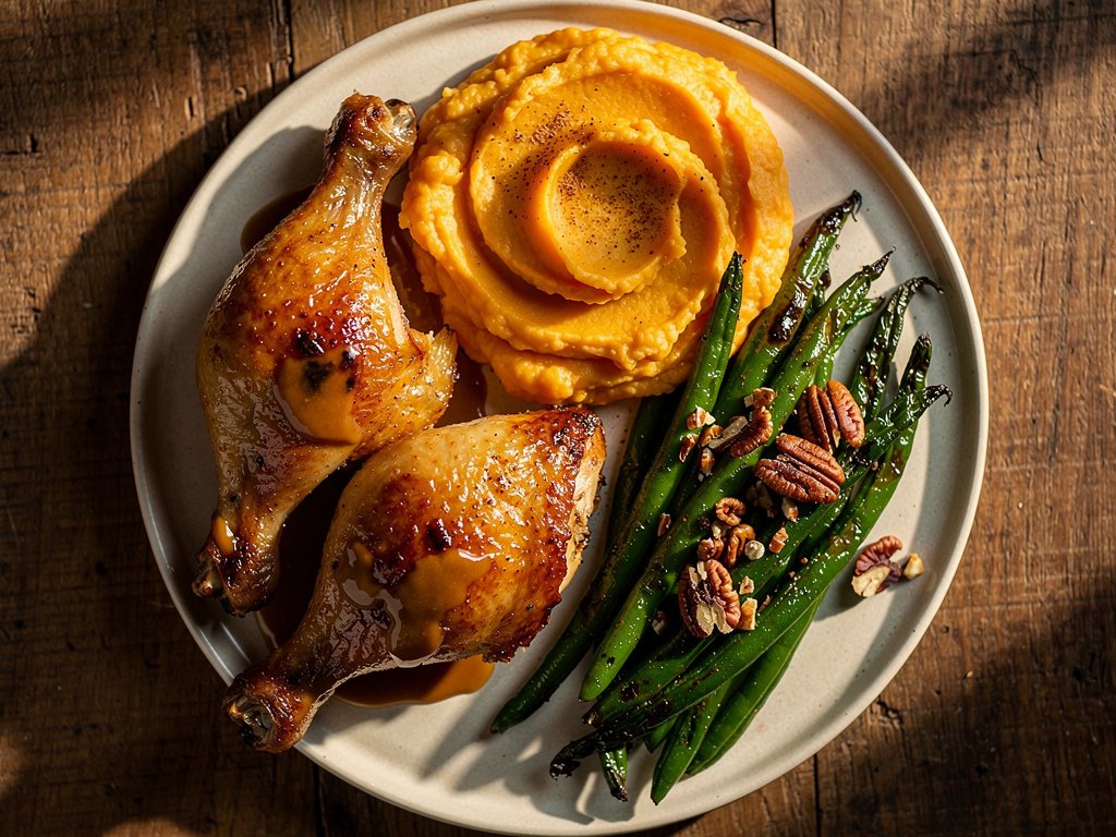 Maple Mustard Chicken Legs with Spiced Sweet Potato Mash and Roasted Green Beans