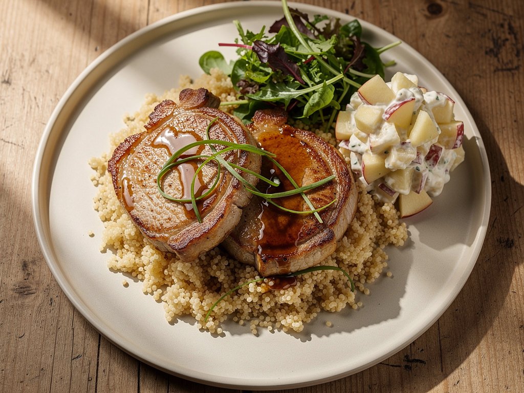 Maple Rosemary Glazed Pork Cutlets with Couscous and Creamy Apple Salad