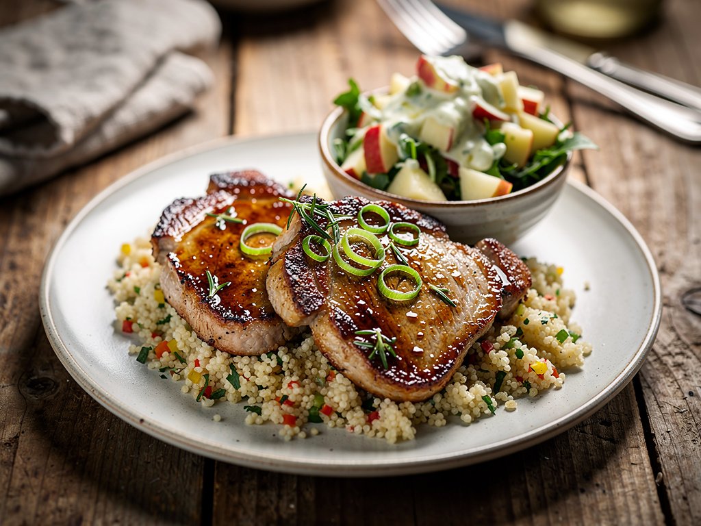Maple Rosemary Glazed Pork Cutlets with Couscous and Creamy Apple Salad