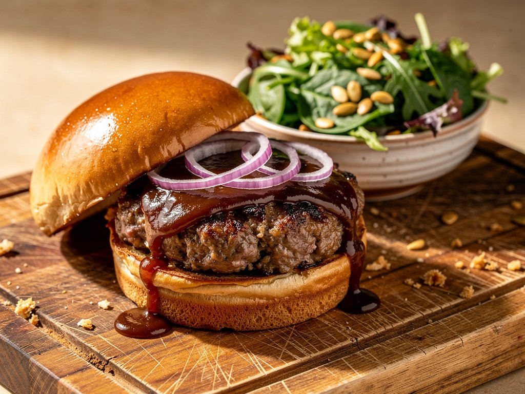 Savory Meatloaf Burgers with BBQ Sauce and Pepita Salad