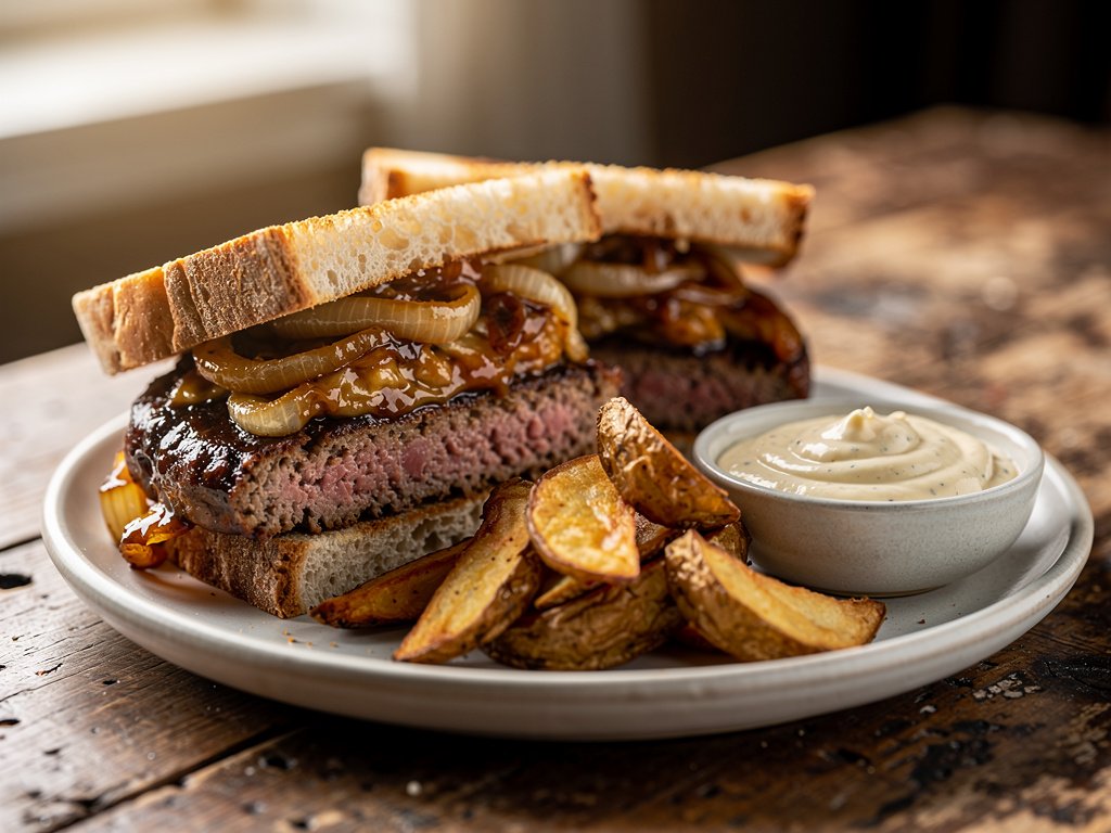 Hearty Meatloaf Sandwich with Caramelized Onions and Horseradish Dijonnaise