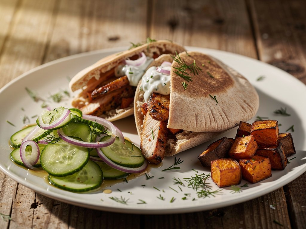 Mediterranean Chicken Pita Pockets with Tzatziki and Spiced Sweet Potatoes