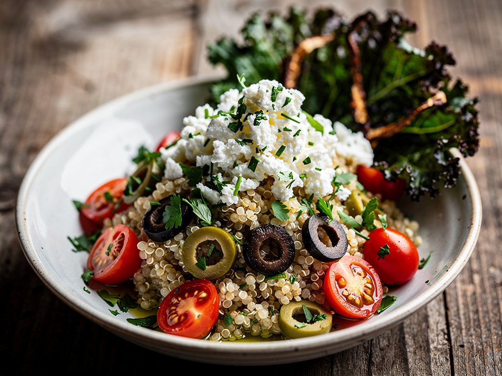 Mediterranean Quinoa Bowl with Crispy Kale Chips