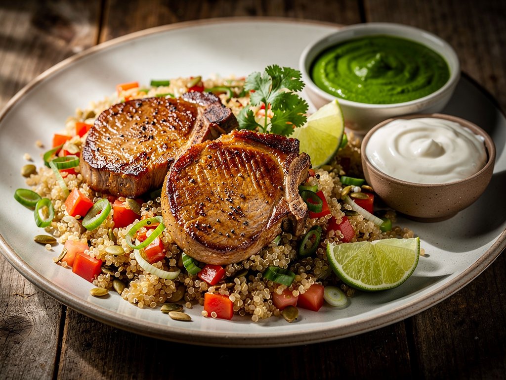 Mexican-Spiced Pork Chops with Tomato Quinoa Salad and Cilantro Lime Crema
