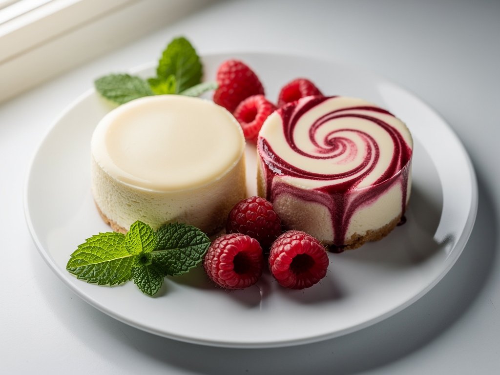 Crisp-Tender Vanilla Delight Cheesecake & White Chocolate Raspberry Swirl Cheesecake Plate Worth Saving