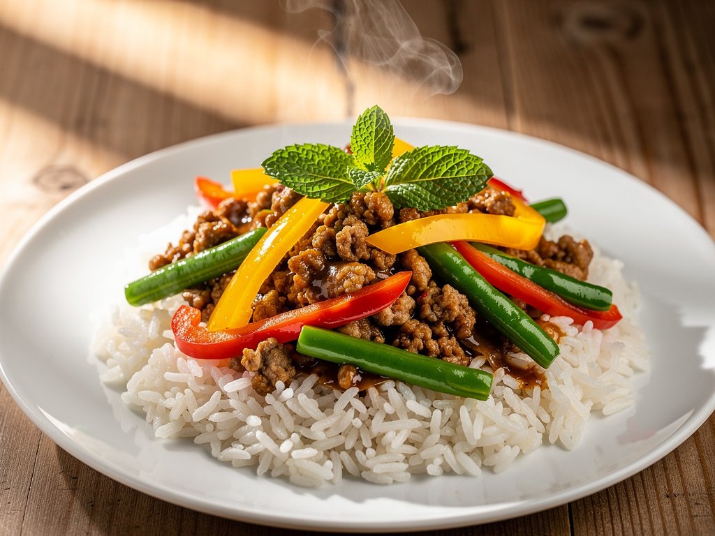 Mint and Ginger Pork Stir-Fry with Green Beans and Bell Peppers