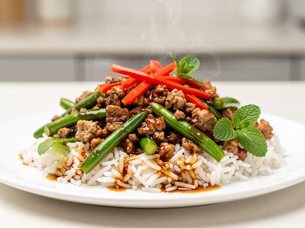 Mint and Ginger Pork Stir-Fry with Green Beans and Bell Peppers