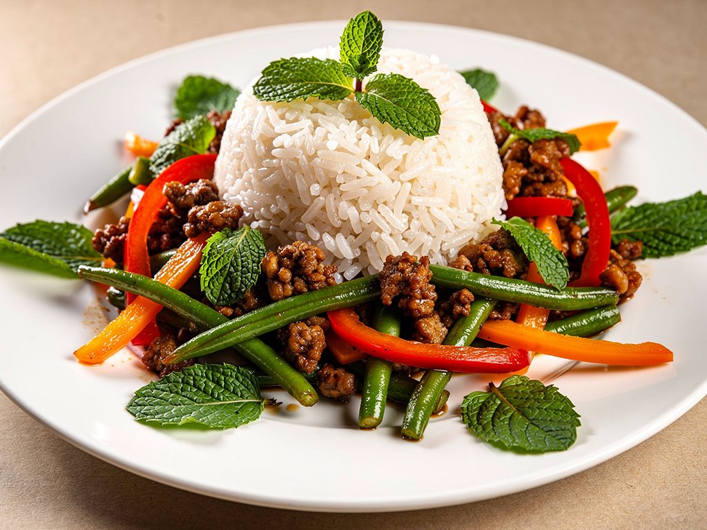 Mint and Ginger Pork Stir-Fry with Green Beans and Bell Peppers