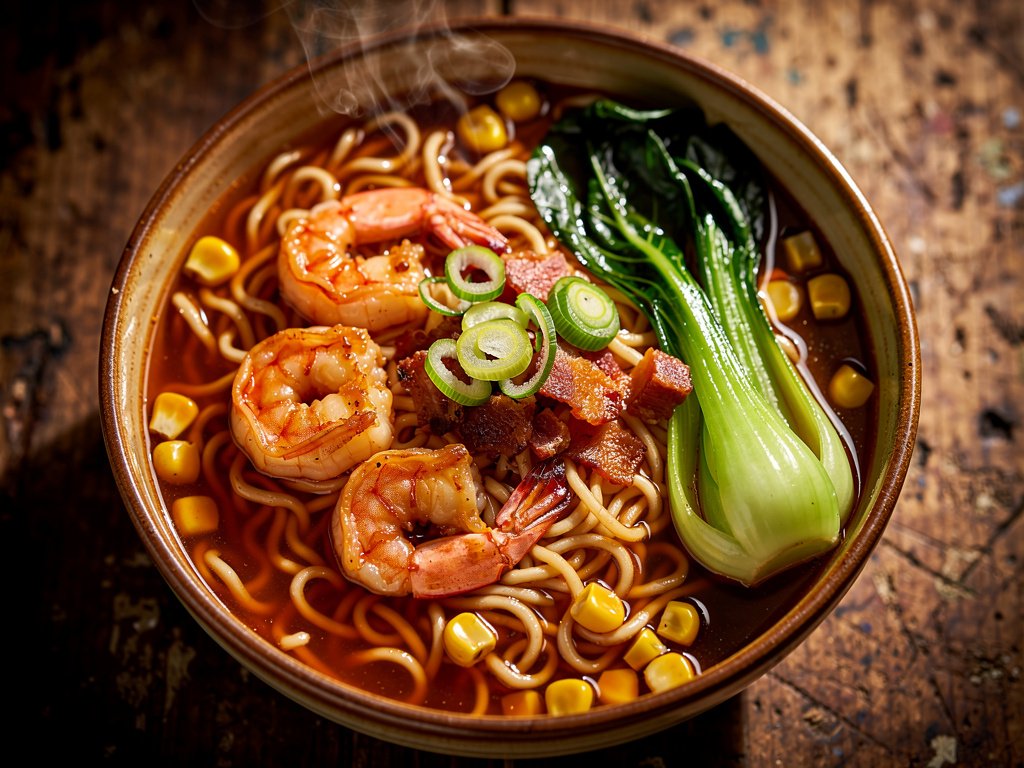 Miso Gochujang Ramen with Sesame Shrimp and Bacon