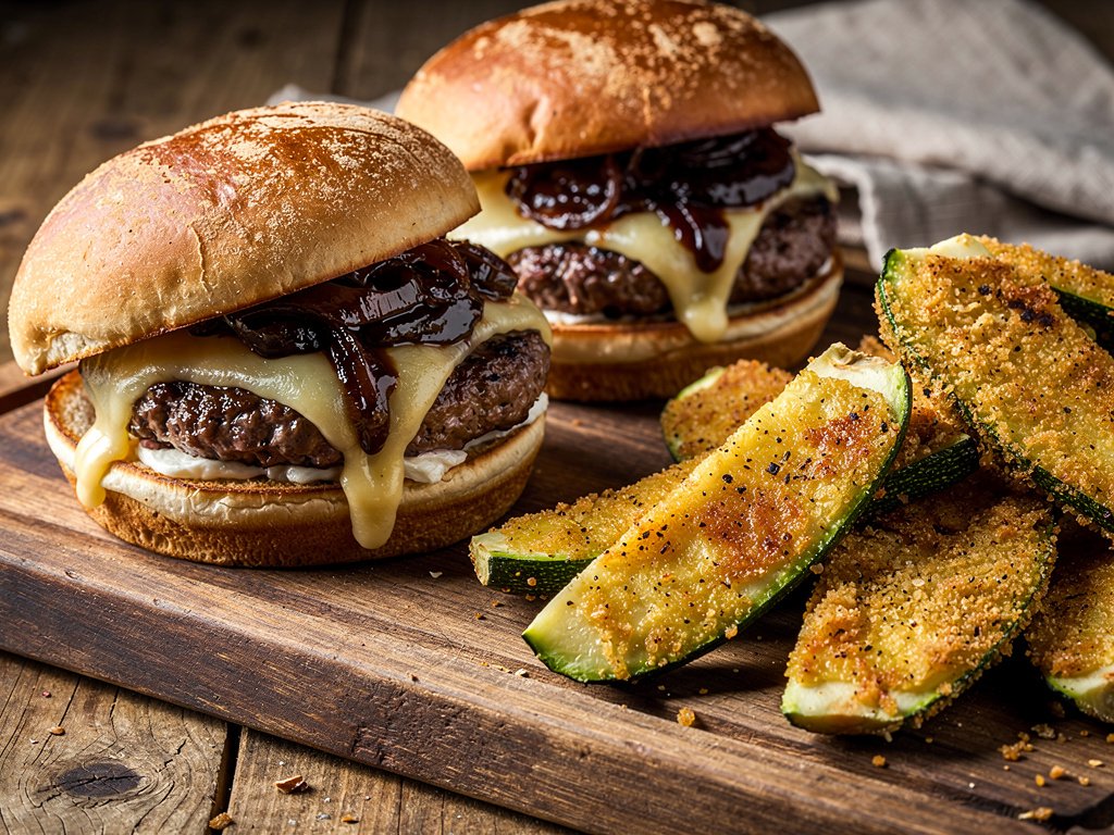 Monterey Jack Burgers with Balsamic Onion Jam and Crispy Zucchini