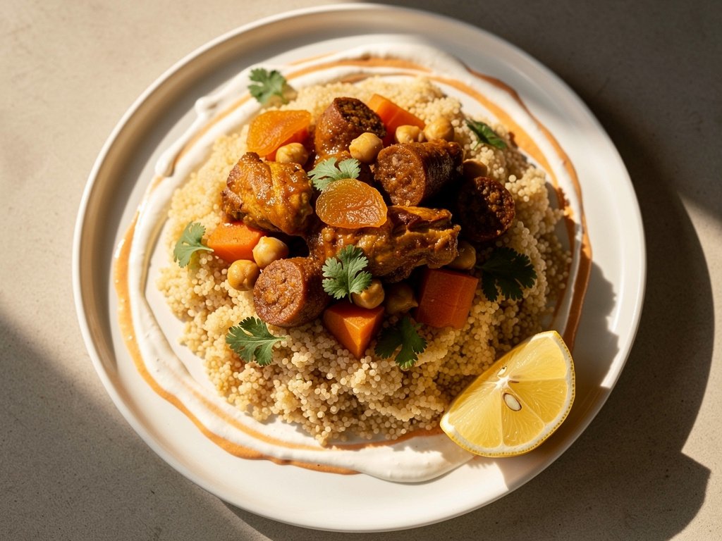 Moroccan Chicken Sausage Tagine with Apricots and Chickpeas over Couscous