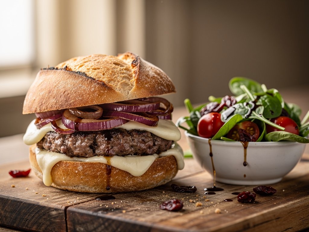 Mozzarella-Topped Ciabatta Burgers with Balsamic Greens