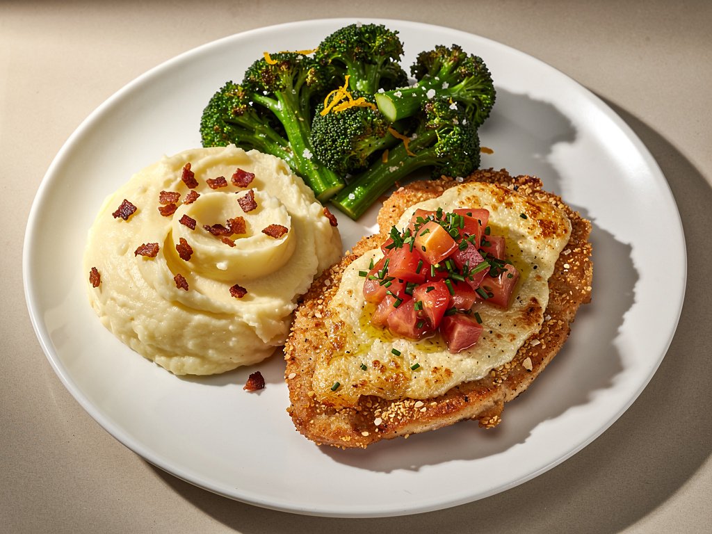 Crispy Mozzarella-Crusted Chicken with Bruschetta Topping, Bacon Mashed Potatoes, and Lemon Broccoli