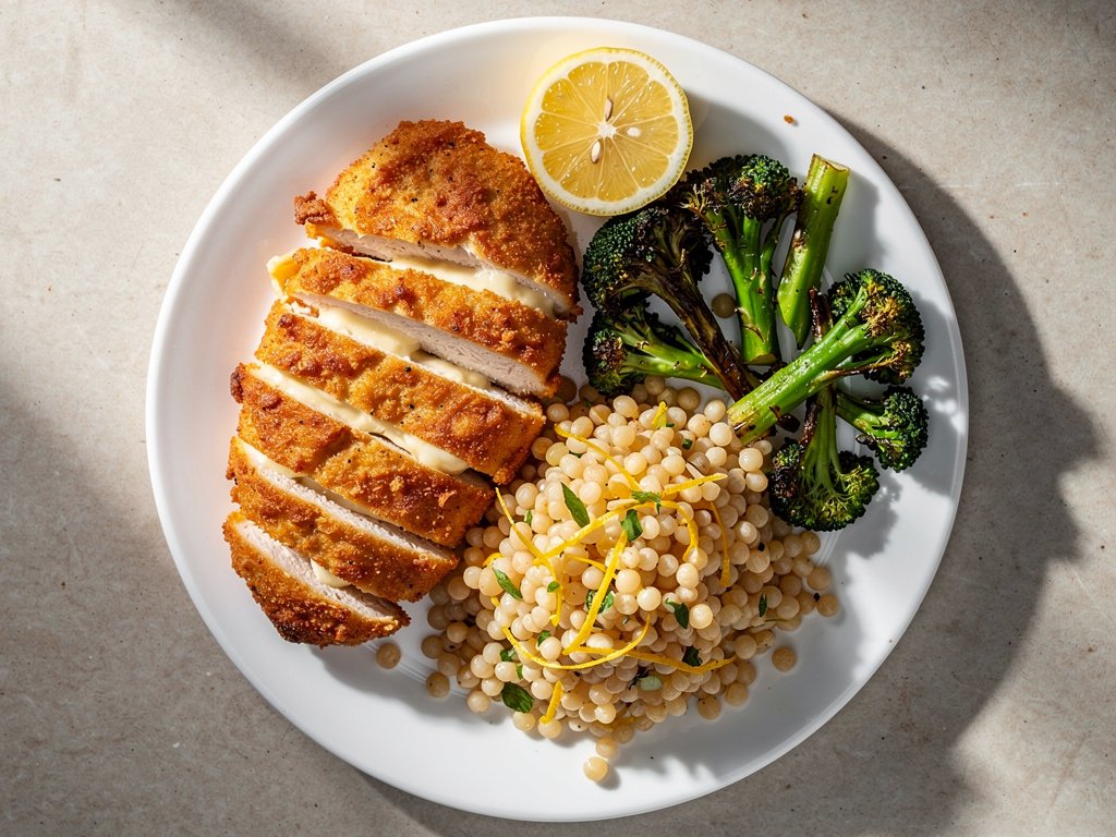 Mozzarella Panko Crusted Chicken with Lemon Couscous and Roasted Broccoli