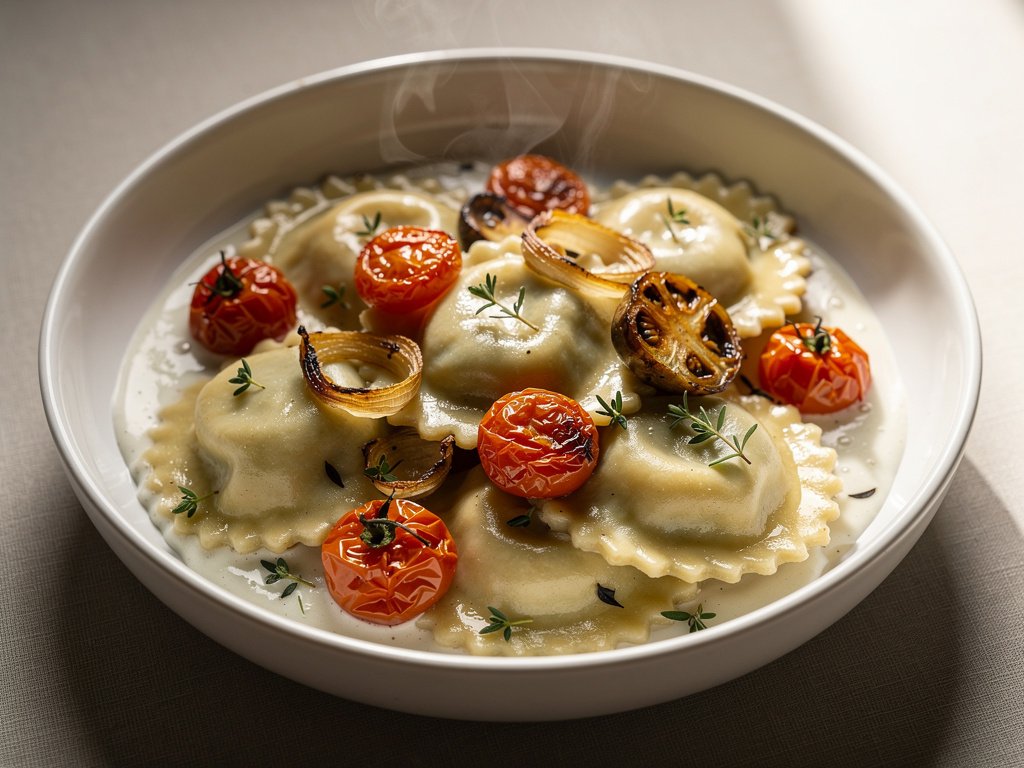 Mushroom Ravioli with Blistered Tomatoes and Creamy Thyme Sauce