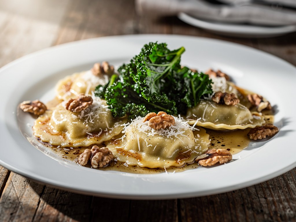 Mushroom Ravioli with Brown Butter Crème Fraîche Sauce, Kale, and Walnuts