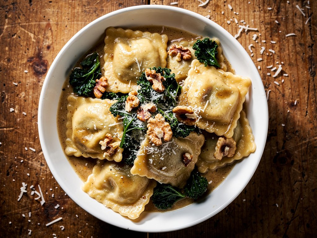 Mushroom Ravioli with Brown Butter Crème Fraîche, Kale, and Walnuts