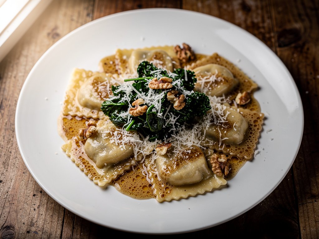 Mushroom Ravioli with Brown Butter Crème Fraîche, Kale, and Walnuts