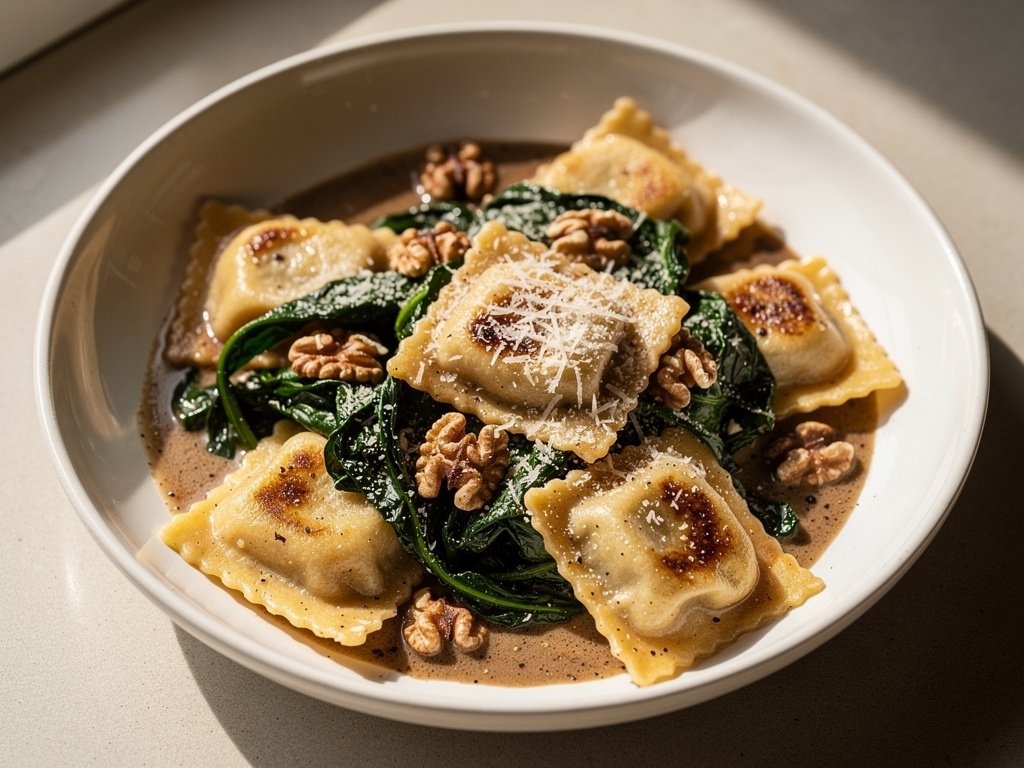 Mushroom Ravioli with Brown Butter Crème Fraîche, Kale, and Walnuts