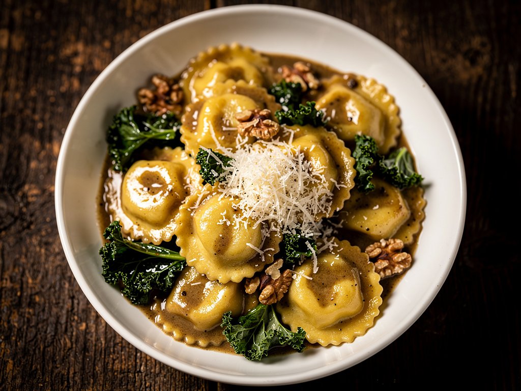 Mushroom Ravioli with Brown Butter Crème Fraîche, Kale, and Walnuts