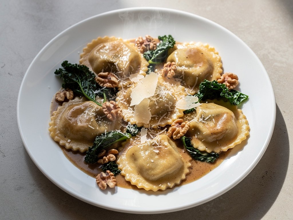 Mushroom Ravioli with Kale and Walnuts in Brown Butter Cream Sauce